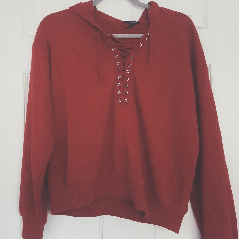 Red soft sweater hoodie with knit string opening